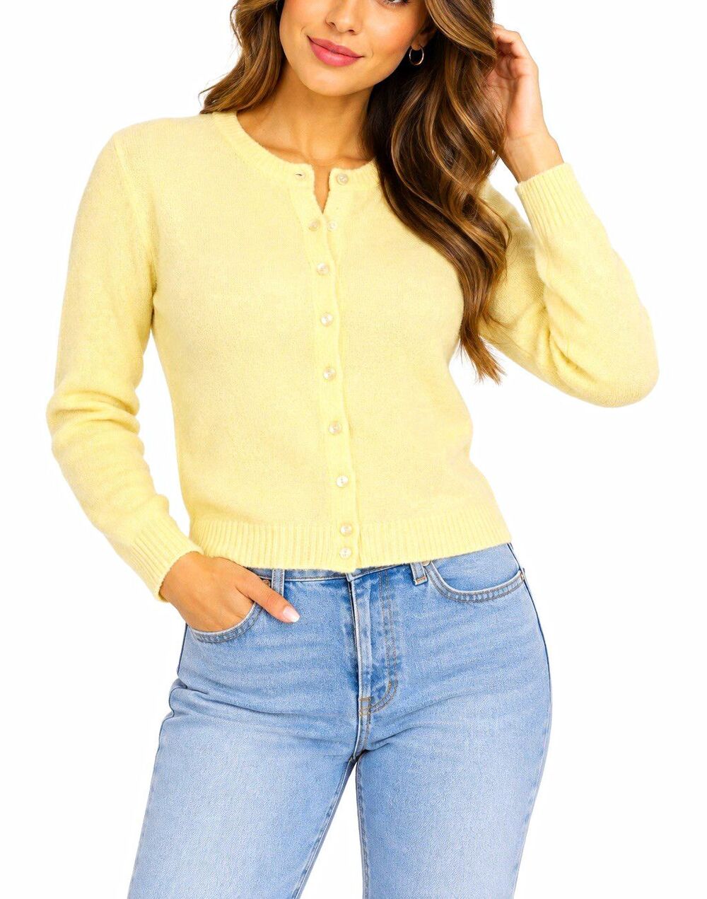 Cloth by Design Yellow Solid Knit Button Front Crew Neck Cardigan Sweater XS